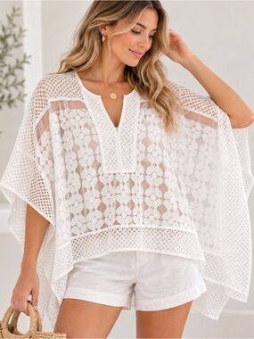 Anthropologie Ivory Lace Crochet Poncho Cover Up One Size Boho Sheer
